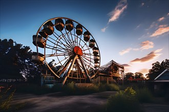 Old amusement park reclaimed by nature a rusted ferris wheel standing against the sky, AI generated