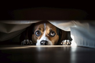 Scared dog hiding under bed. KI generiert, generiert AI generated