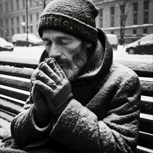 A homeless man in winter on a park bench, black and white image, generated with AI, AI generated