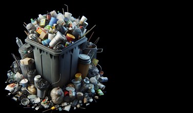 Dustbin full of waste and garbage isolated in black background, AI generated