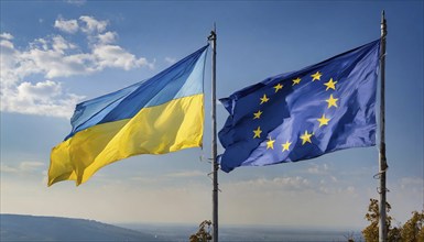 The flags of Ukraine and the European Union, EU, flutter together in the wind, AI generated