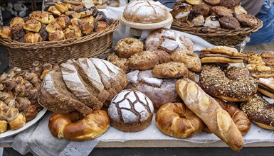 Food, baked goods, many different sweet baked goods and pastries, in a bakery, AI generated, AI