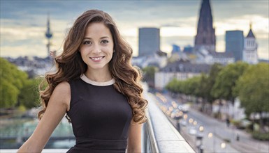 A woman in an evening dress smiles on a city bridge with twilight lights, AI generated, AI