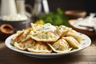 Photographed polish Pierogie dumplings on plate. KI generiert, generiert, AI generated