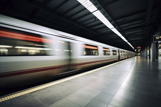 Fast blurry train passing platform. Flood concept. Generative Ai, AI generated