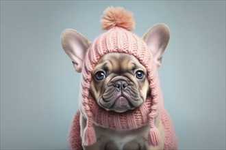 Cute French Bulldog dog with pink knitted hat and scarf in fron tof blue background. KI generiert,