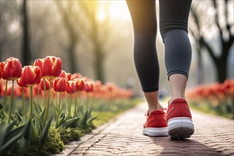 Back view of woman jogging through park with red tulip spring flowers. KI generiert, generiert AI