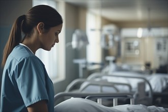 Nurse in hospital with empty beds. KI generiert, generiert AI generated