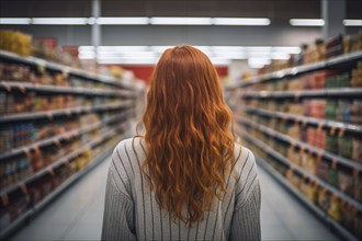 Back view of young woman with red hair in grocery store with shelfes full of food. KI generiert,