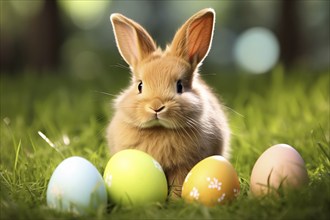 Brown bunny with painted Easter eggs in grass. KI generiert, generiert AI generated