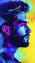 AI generated abstract digital painting of a mans face in vibrant neon colors