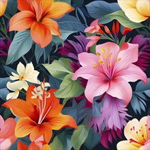 Illustration background of lush floral pattern with vivid flowers and leaves, AI generated