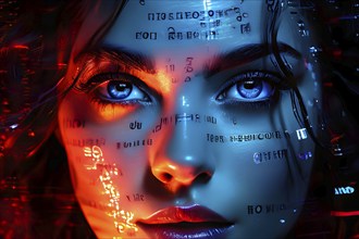 Portrait of a female with projected digital text in various fonts and sizes cascading across her