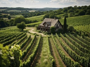 AI generated aerial view of a rustic vineyard cottage nestled amidst lush summer colored vine