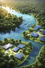 3d rendering of a sustainable engaged waterfront development with floating solar panels, AI