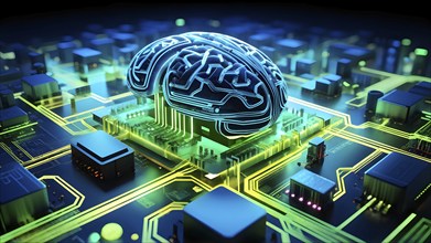 Human brain intricately interlinked with the circuits of a computer board symbolizing artificial