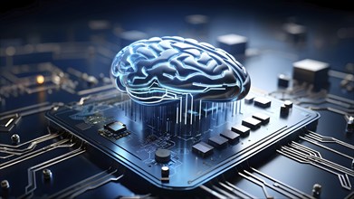 Human brain intricately interlinked with the circuits of a computer board symbolizing artificial