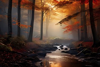 Fog covered forest in autumn with mystic golden sunlight, AI generated