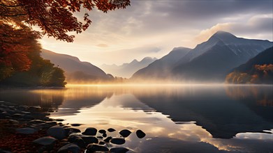 Fog covered landscape with high mountain peaks and a tranquil lake in autumn, AI generated