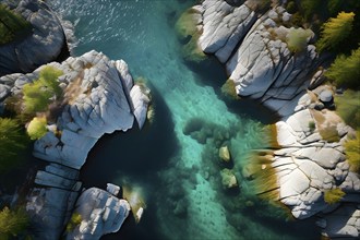 Aerial view of a meandering river winding through a nordic landscape, AI generated