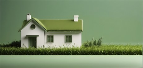 Three dimensional rendering of a residential house on grass, AI generated