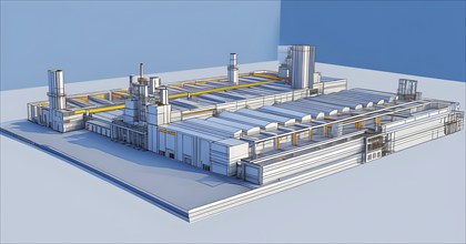 Three dimensional rendering of a model of a modern factory, AI generated