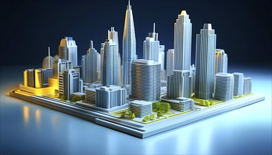 Three dimensional rendering of a model of a city with skyscrapers, AI generated