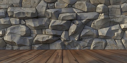 Three dimensional rendering of natural stone wall and wooden floor, AI generated