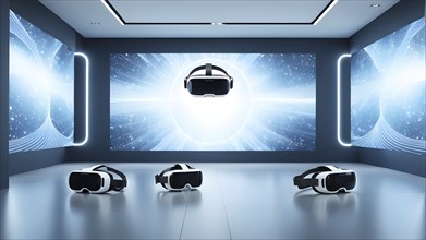 Three dimensional render of virtual reality glasses in a digital room, AI generated