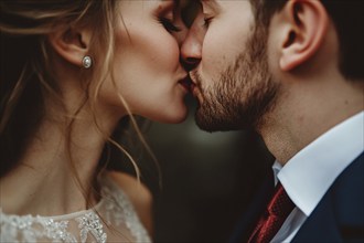 Young bride and groom couple in love kissing on wedding day. Generative Ai, AI generated