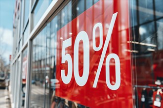 Red sale sign with text '50%' in shopping window. Generative AI, AI generated