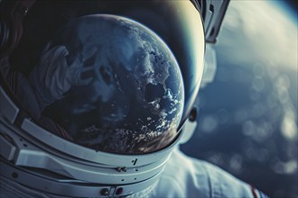 Reflection of planet earth in astronaut's helmet. Generative Ai, AI generated