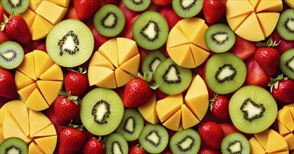 Colorful and artfully arranged slices of fruits like mangoes, strawberries, and kiwi, AI generated