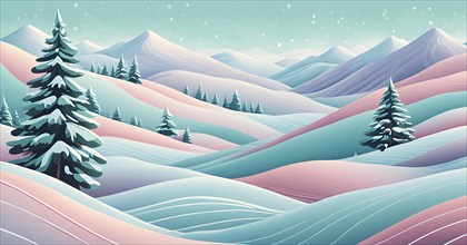 Christmas-themed abstract landscape with fluid, flowing lines representing snow-covered hills and