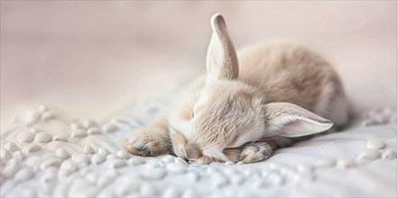 Cute brown baby bunny sleeping on blanket on pink background. Generative Ai, AI generated