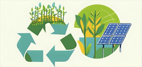 Recycling symbol morphing into growing plants and solar cells to symbolize the transformation of