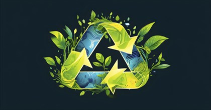 Recycling symbol morphing into growing plants and solar cells to symbolize the transformation of