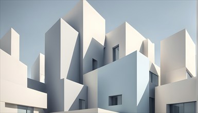 Minimalist architectural composition of modern buildings, with clean angles, rendered in geometric