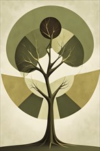 Abstract geometric tree with a circular canopy and a rectangular trunk, arranged in a clean,