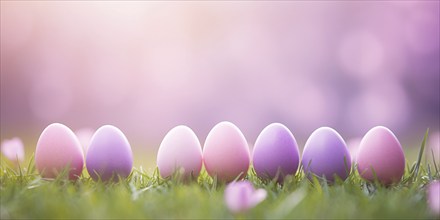 Pastel pink and purple Easter eggs in a row on grass with blurry pink background. KI generiert,