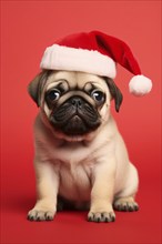 Cute pug dog with Christmas santa hat on red background. KI generiert, generiert AI generated