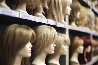 Different hairw igs for women on shelves in wig shop. KI generiert, generiert AI generated