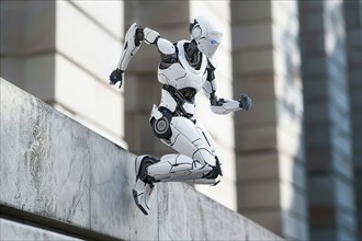 Humanoid robot practicing parkour in an urban environment, AI generated