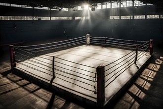 Empty boxing ring with ropes tightly stretched across the square corner, AI generated