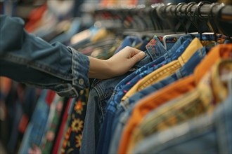 Hand browsing through rack full of shirts in clothing shop. Generative Ai, AI generated