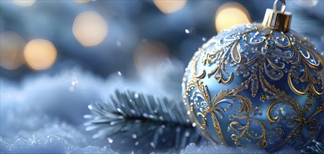 Close up of a blue frosted Christmas ornament, detailed with tiny ice crystals, delicate carvings,