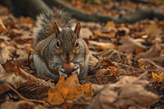 Squirrel holding acorn nut in hand between colorful autumn leaves. Generative Ai, AI generated