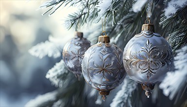 Set of Christmas ornaments hanging on a snow-covered pine tree branch, with frost clinging to the