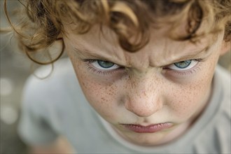 Close up of angry face of boy child. Generative Ai, AI generated