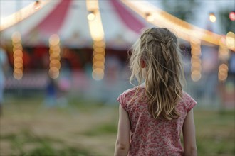 Young girl child looking at red and white striped circus tent. Generative Ai, AI generated